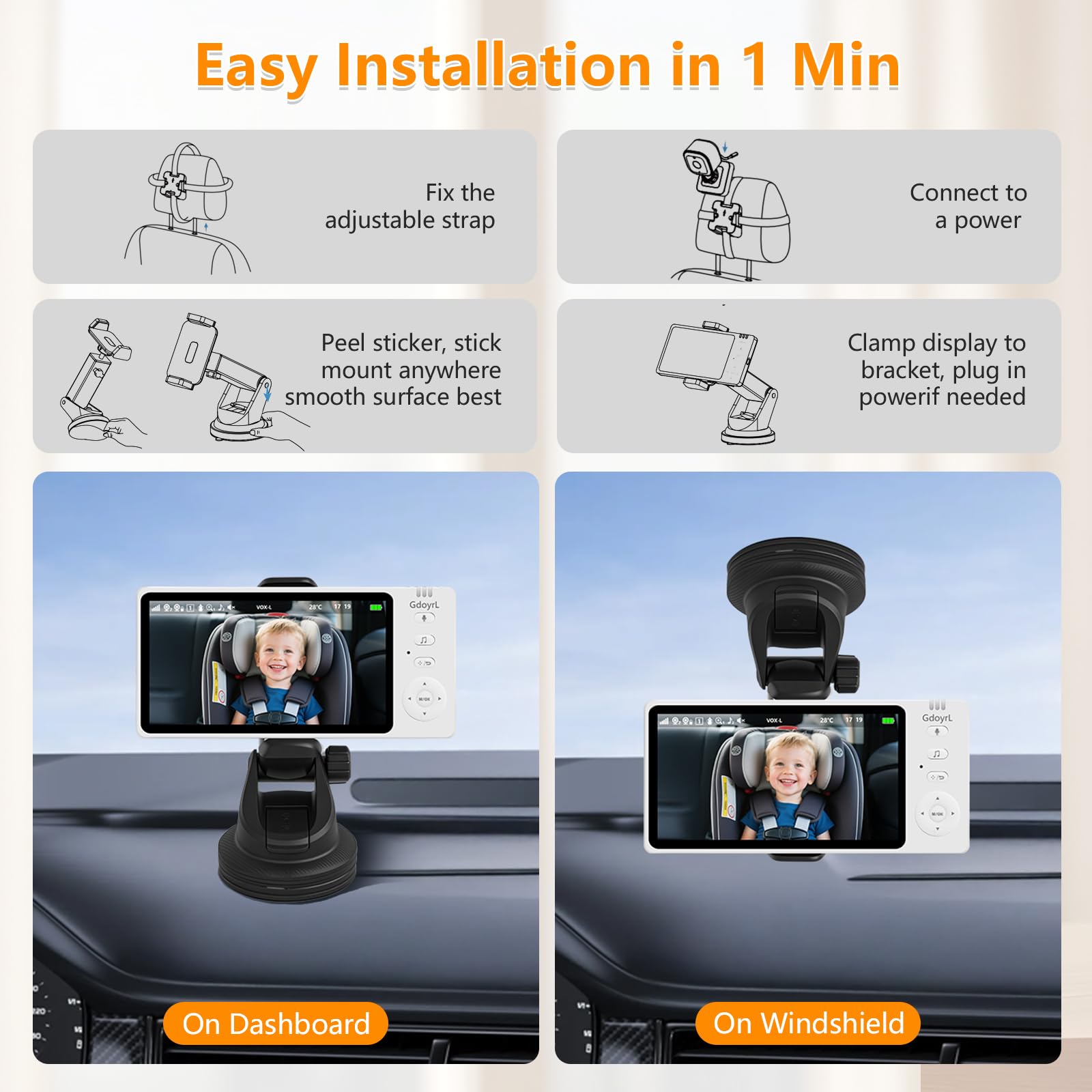 Gdoyrl Dash-windshield mount keeps the monitor secure and accessible.