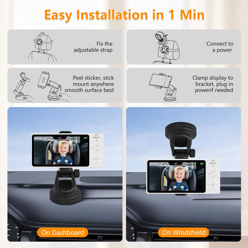 Gdoyrl Dash-windshield mount keeps the monitor secure and accessible.