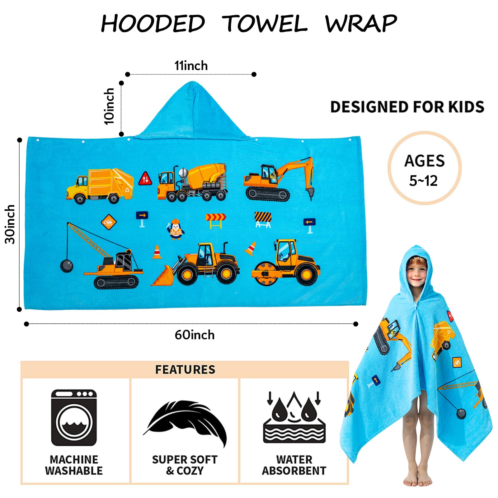 Gealaek kids wearable wrap hooded towel for pool or beach.