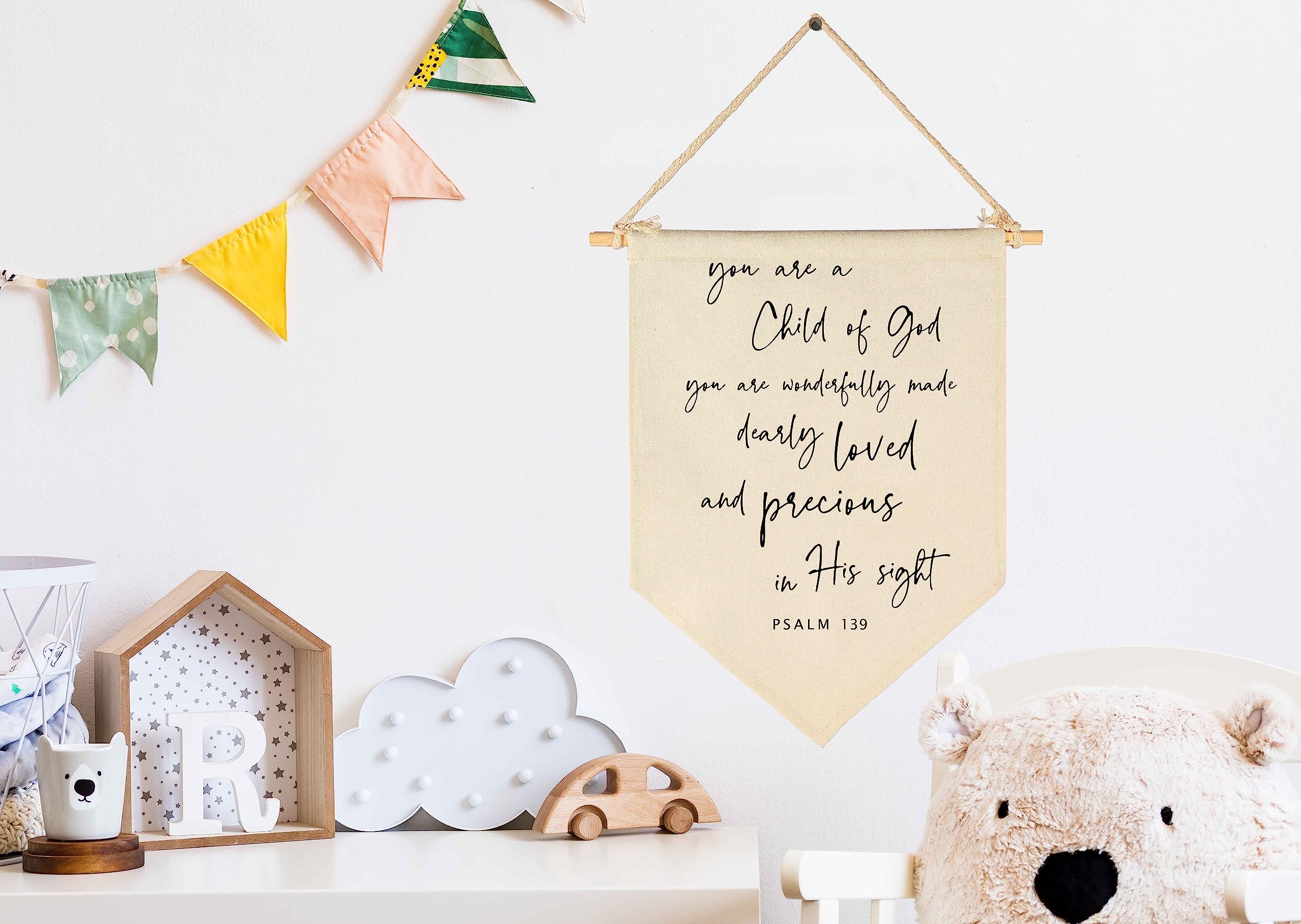 GEANHIL scripture wall decor banner baby room detail with soft beige color.