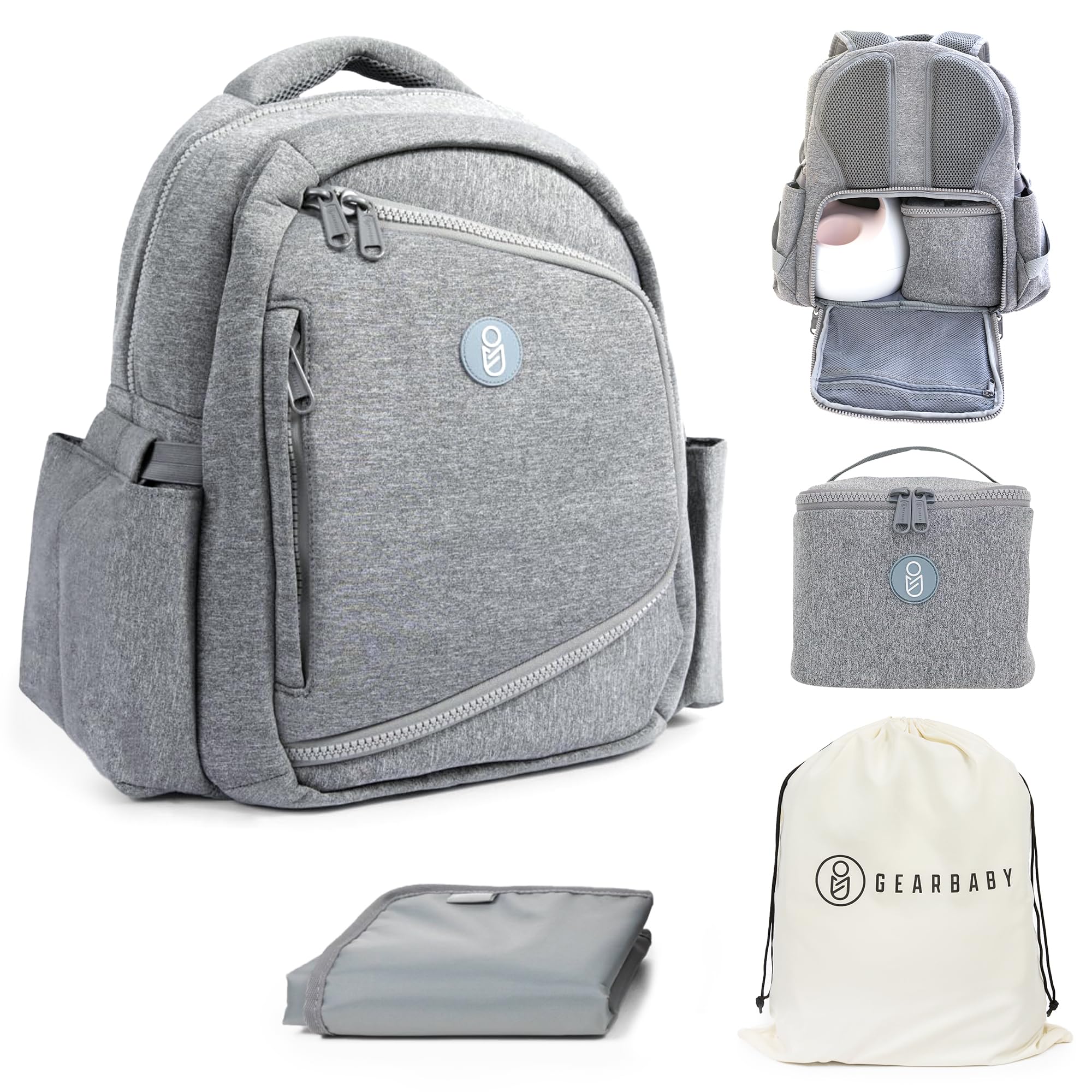 Gearbaby breast pump backpack with insulated pockets for on-the-go feeding support.