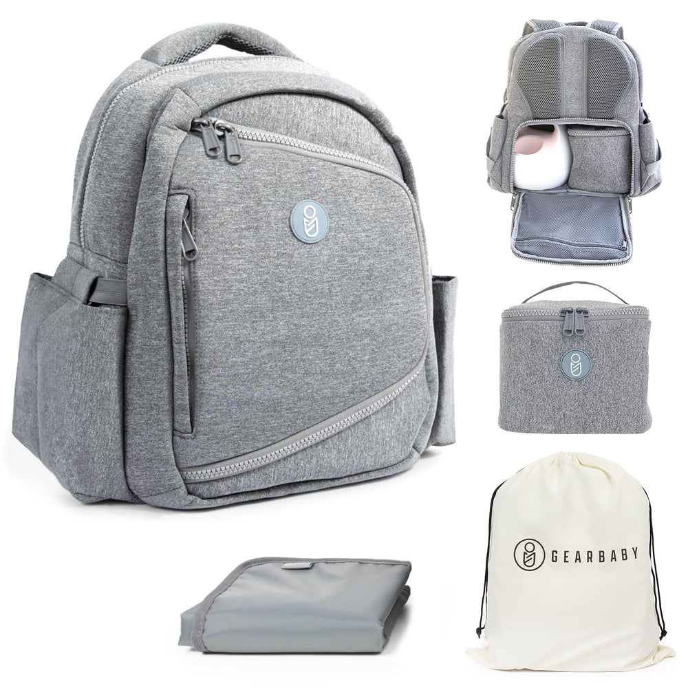 Gearbaby breast pump backpack with insulated pockets for on-the-go feeding support.