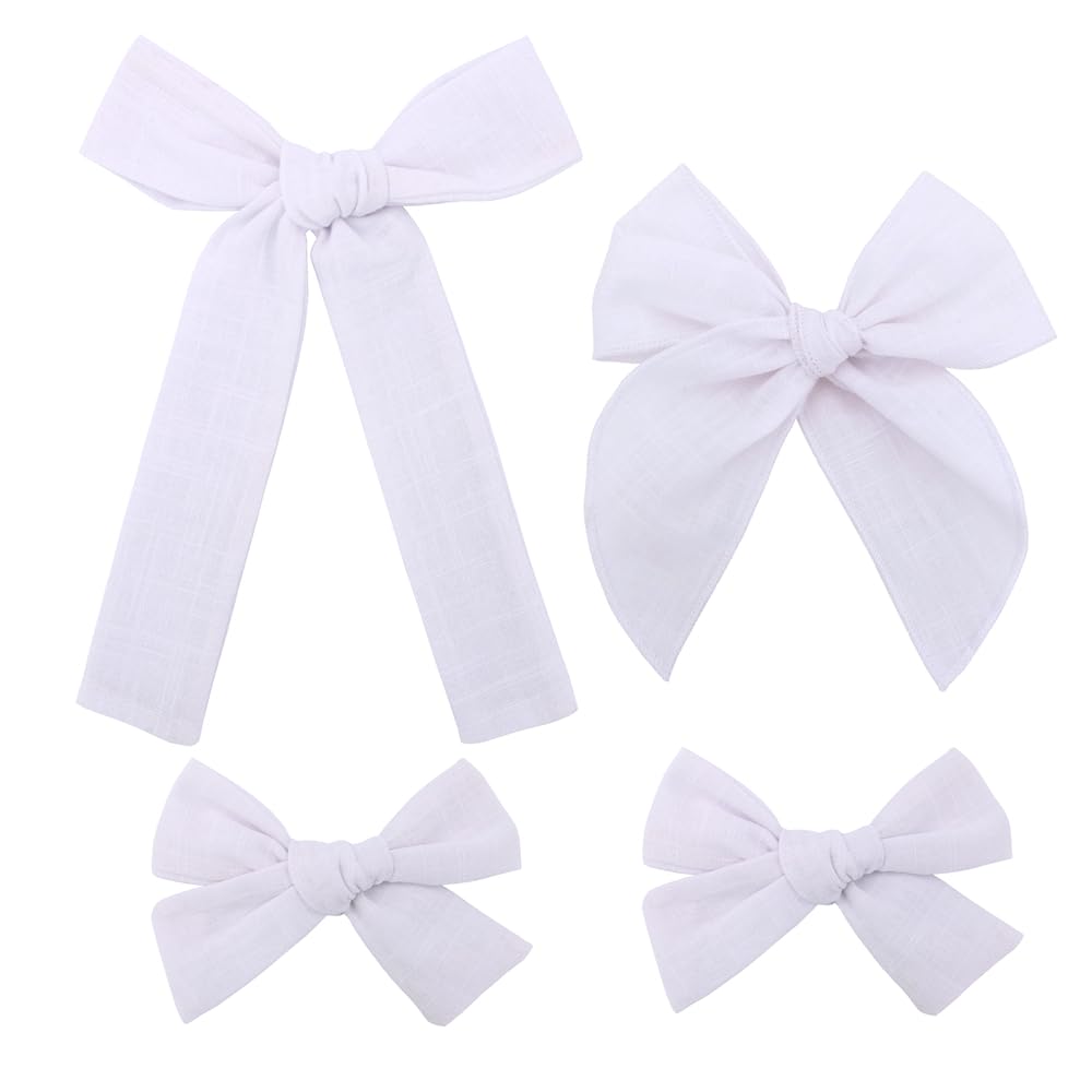 Gebelle 4pc cotton linen hair bows in white for everyday outfits and gentle styling.