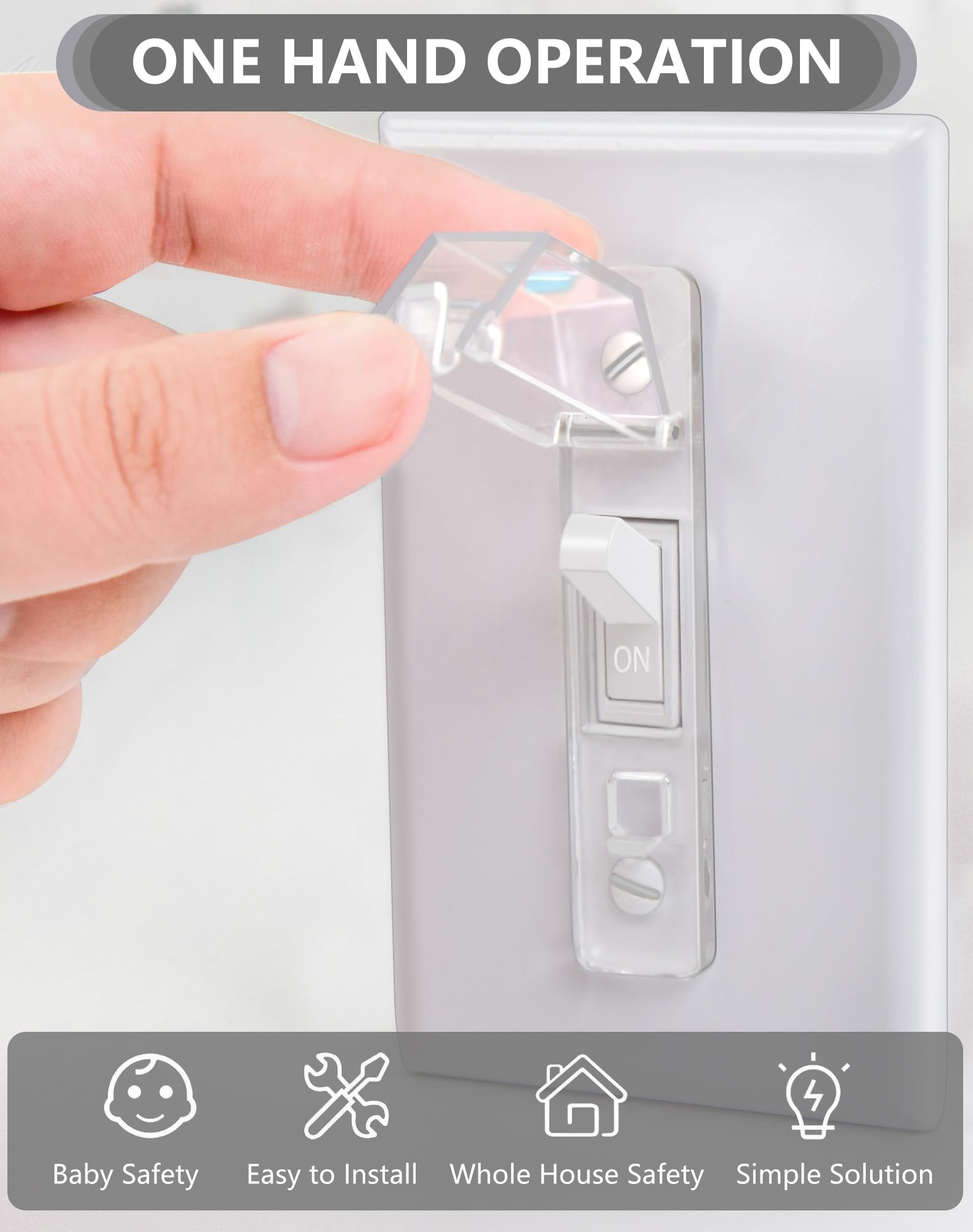 Gebena light switch guard on wall keeps accidental toggles from interrupting lighting.