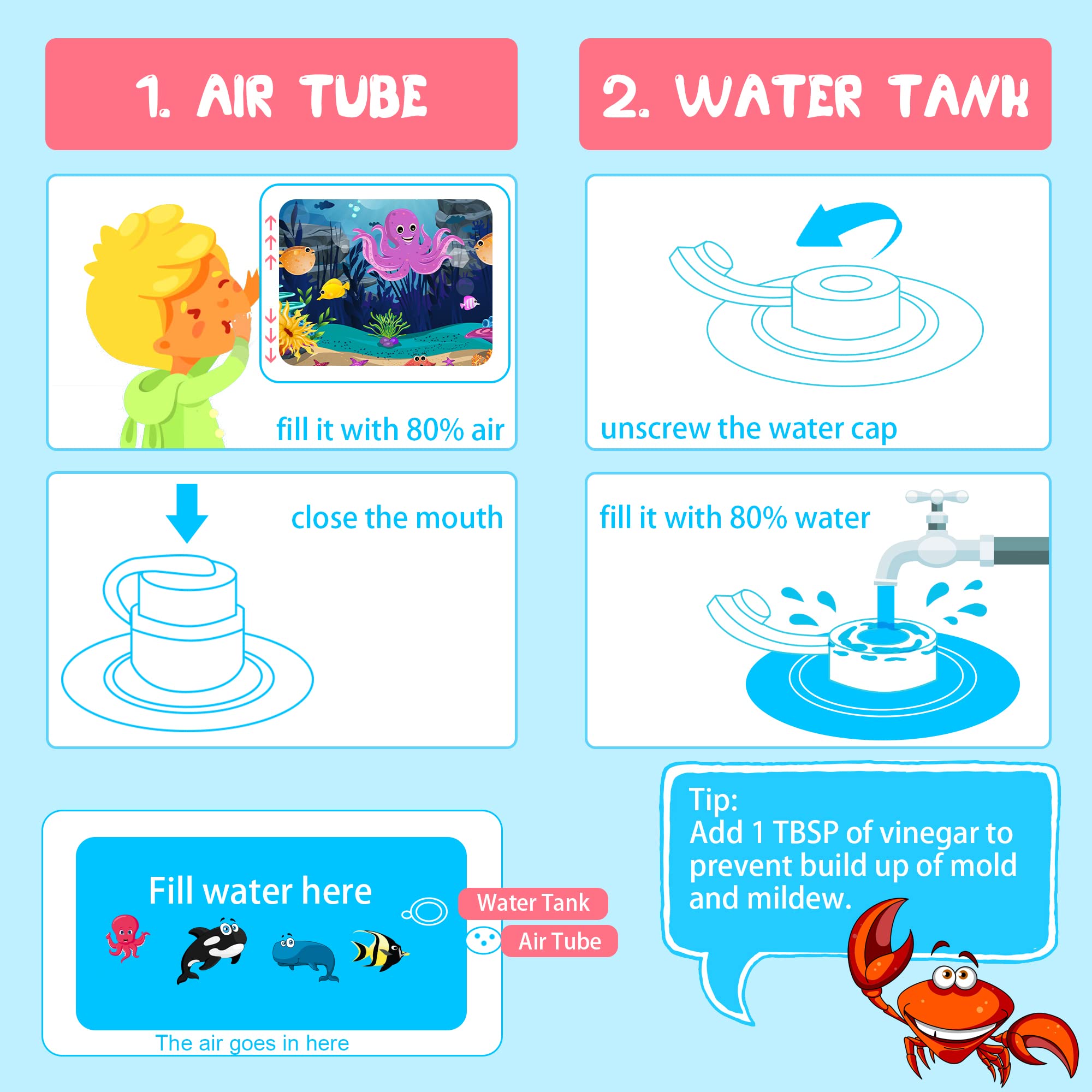 Gebra inflatable tummy time water mat bright colors and textures stimulate baby senses.