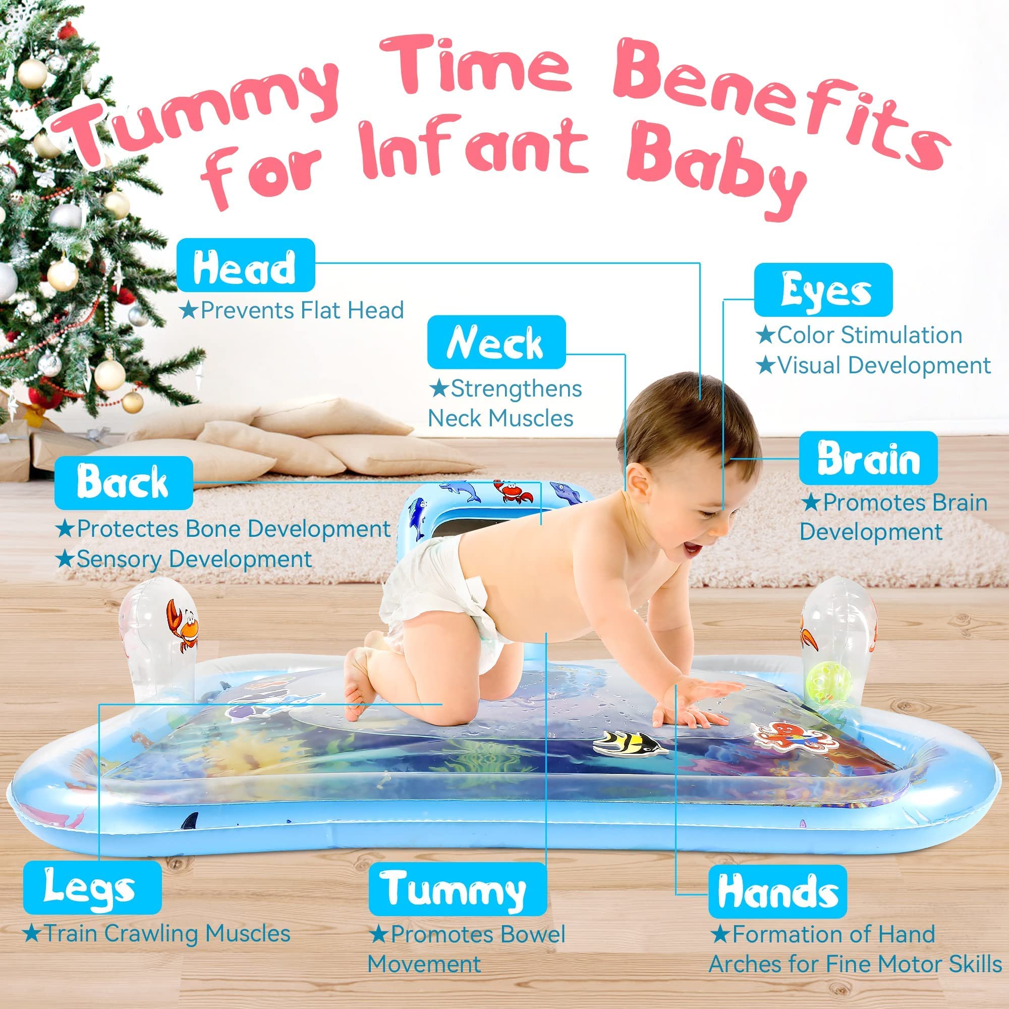 Gebra inflatable tummy time water mat center water area offers soothing visual reflections.