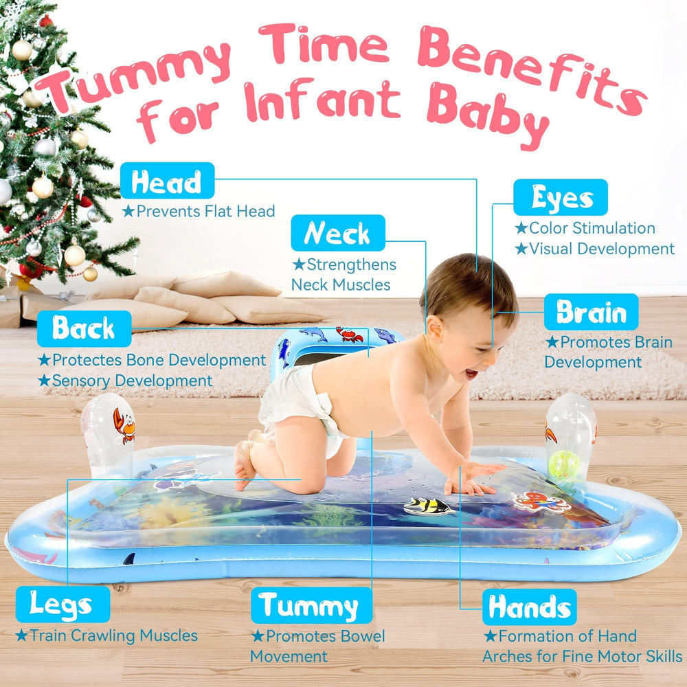 Gebra inflatable tummy time water mat center water area offers soothing visual reflections.
