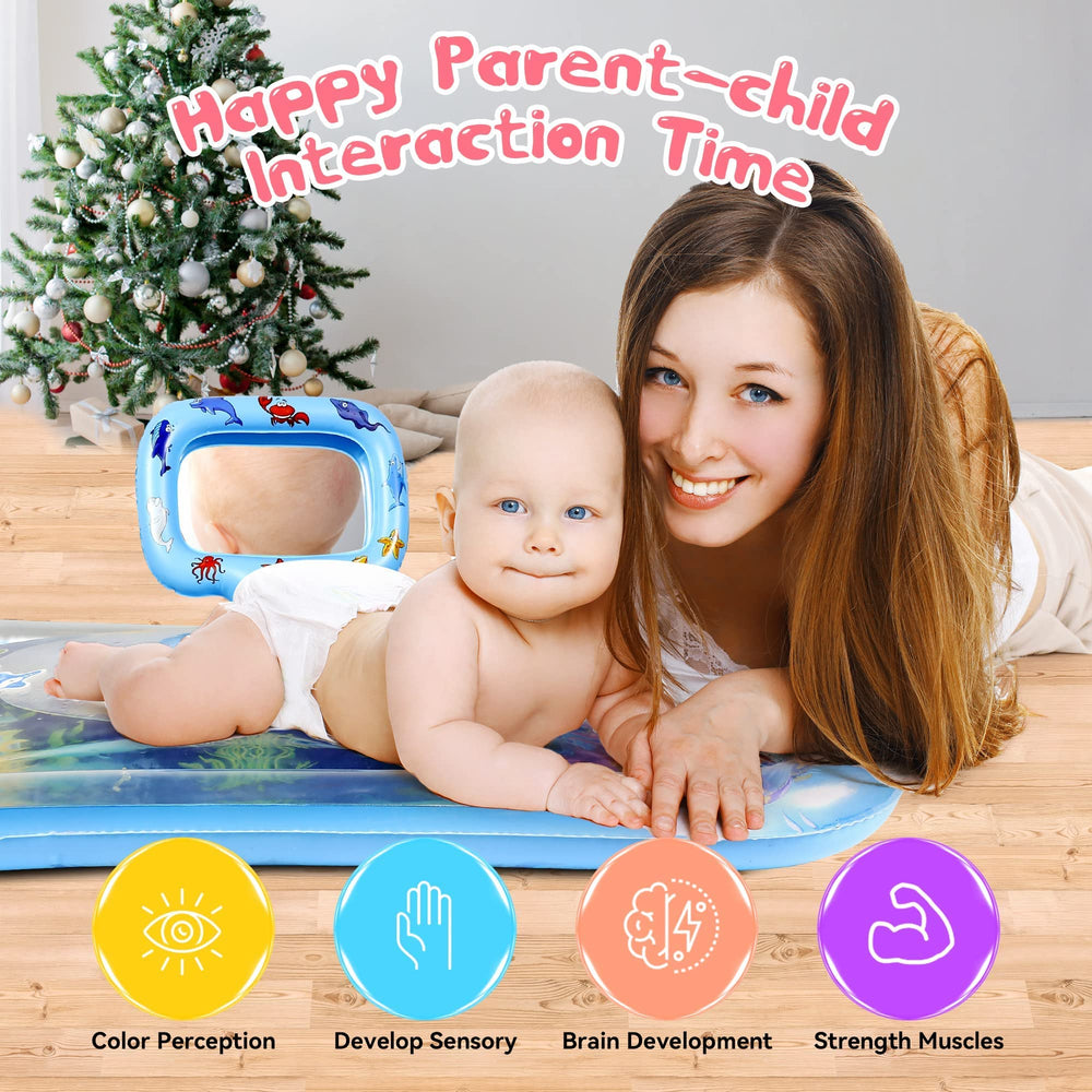 Gebra inflatable tummy time water mat floating animals invite tactile play and motor skill practice.