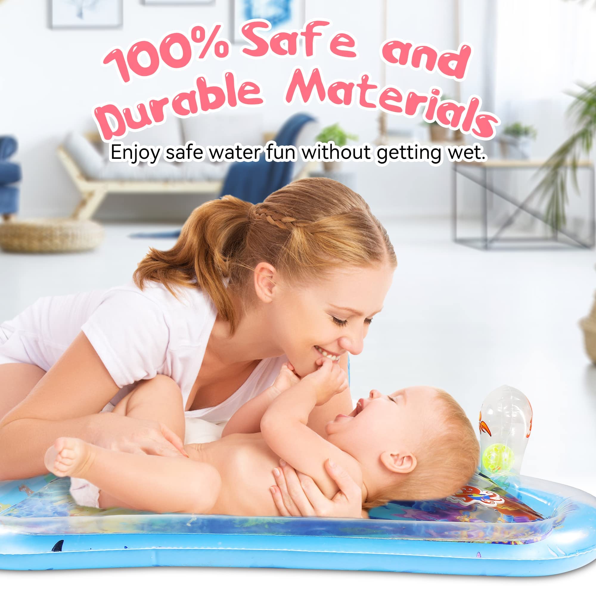 Gebra inflatable tummy time water mat folds flat for storage and travel ease.