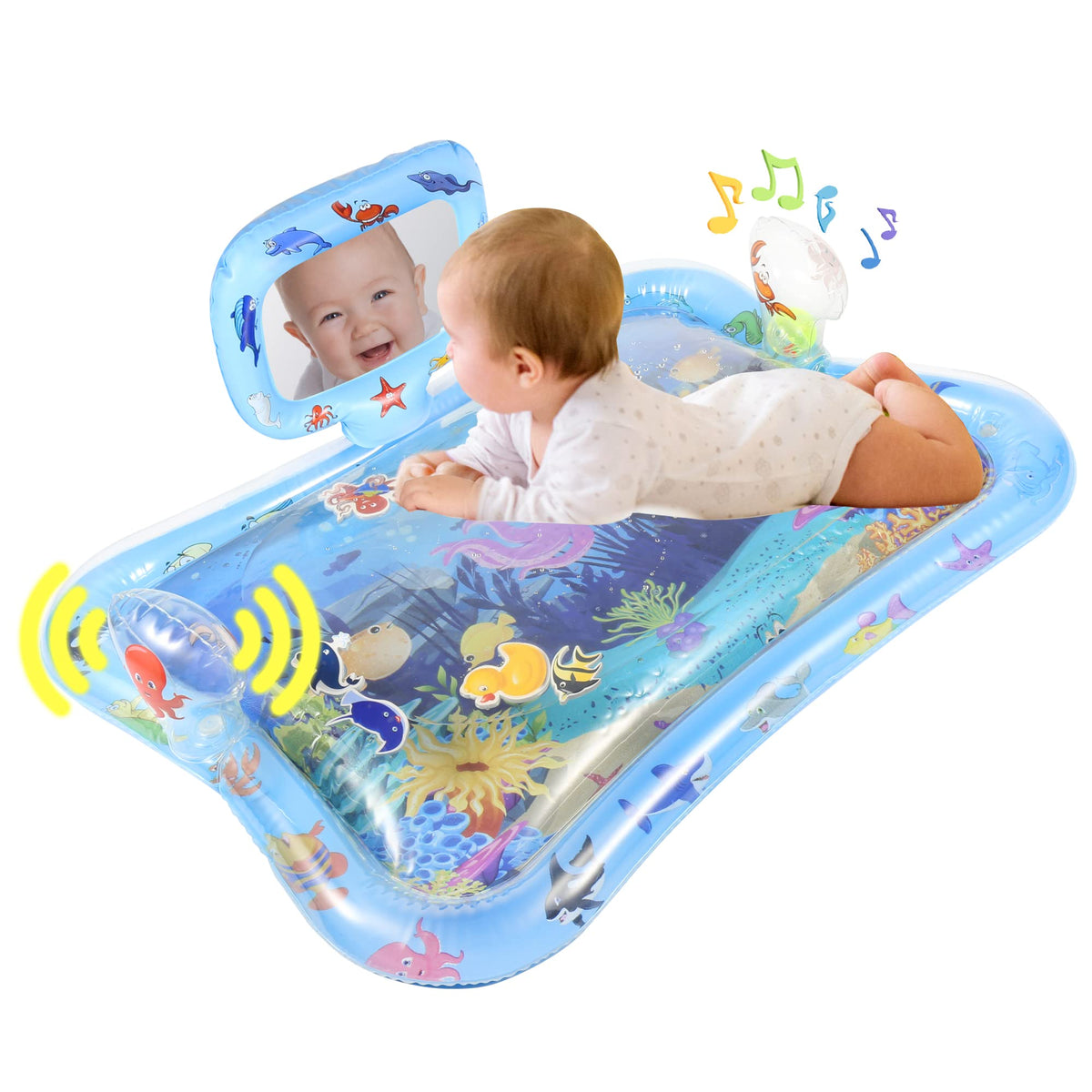 Gebra inflatable tummy time water mat mirror view encourages sensory exploration and visual engagement.