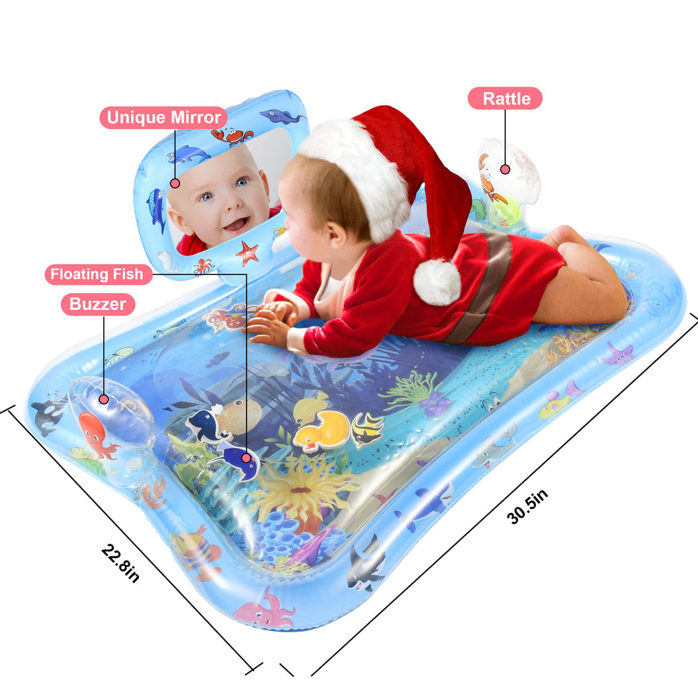 Gebra inflatable tummy time water mat outer rim inflation shows sturdy setup for safe play.
