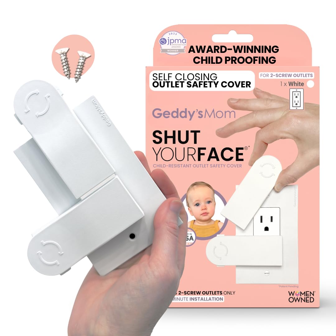 Geddy's Mom Shut Your Face self-closing outlet cover keeps outlets child-safe and plug-ready.