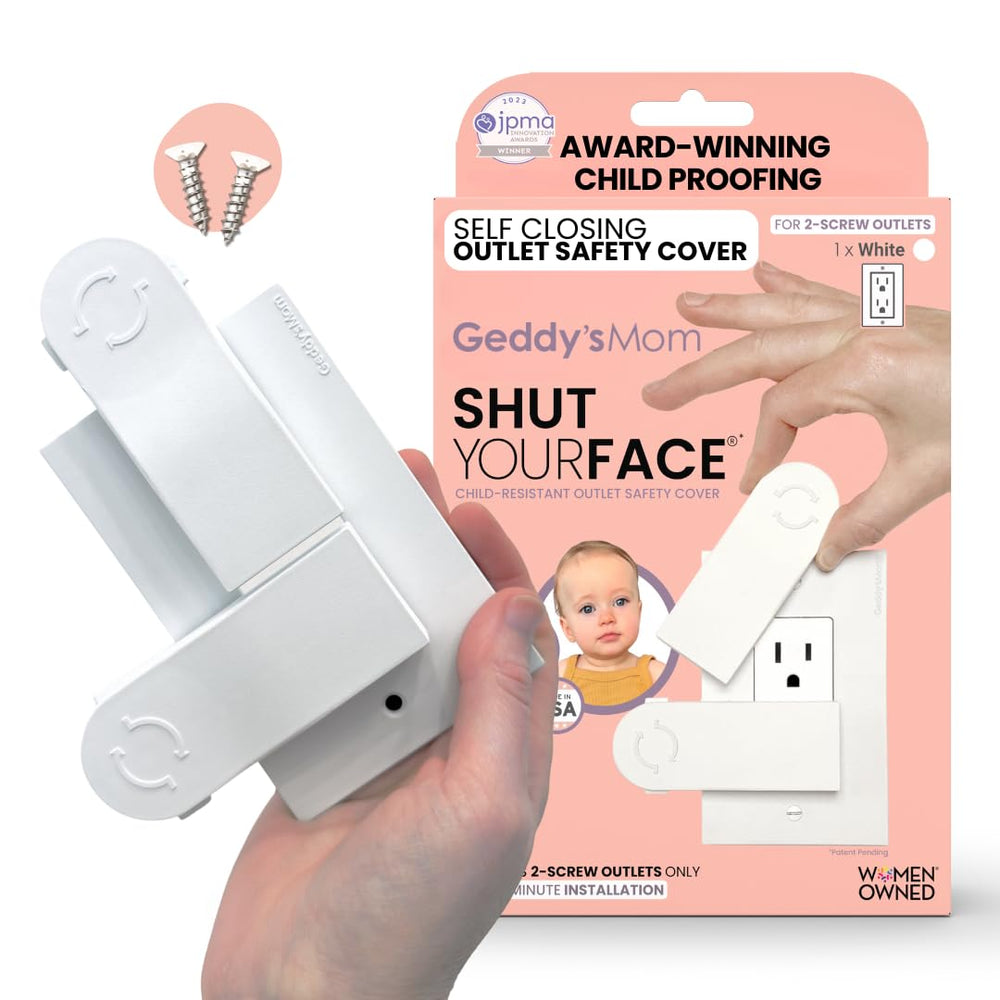 Geddy's Mom Shut Your Face self-closing outlet cover keeps outlets child-safe and plug-ready.