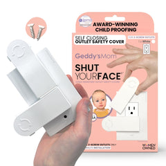 Geddy's Mom Shut Your Face self-closing outlet cover keeps outlets child-safe and plug-ready.
