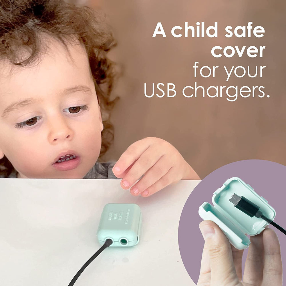 Geddy's Mom USB charger protector closeup showing BPA-free, child-safe design