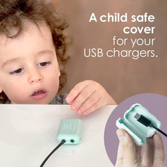 Geddy's Mom USB charger protector closeup showing BPA-free, child-safe design