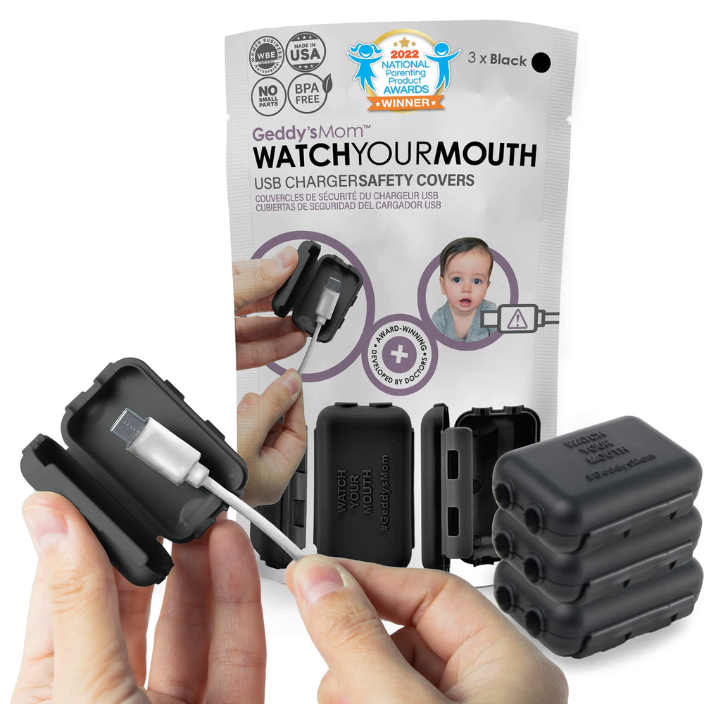 Geddy's Mom Watch Your Mouth charger cover closed protects exposed USB tips.