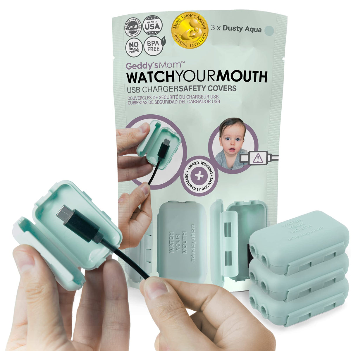 Geddy's Mom Watch Your Mouth charger cover closeup shows safe USB tip protection