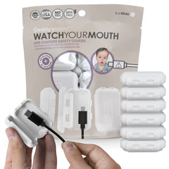 Geddy's Mom Watch Your Mouth cover assembly on a USB cable for safer charging