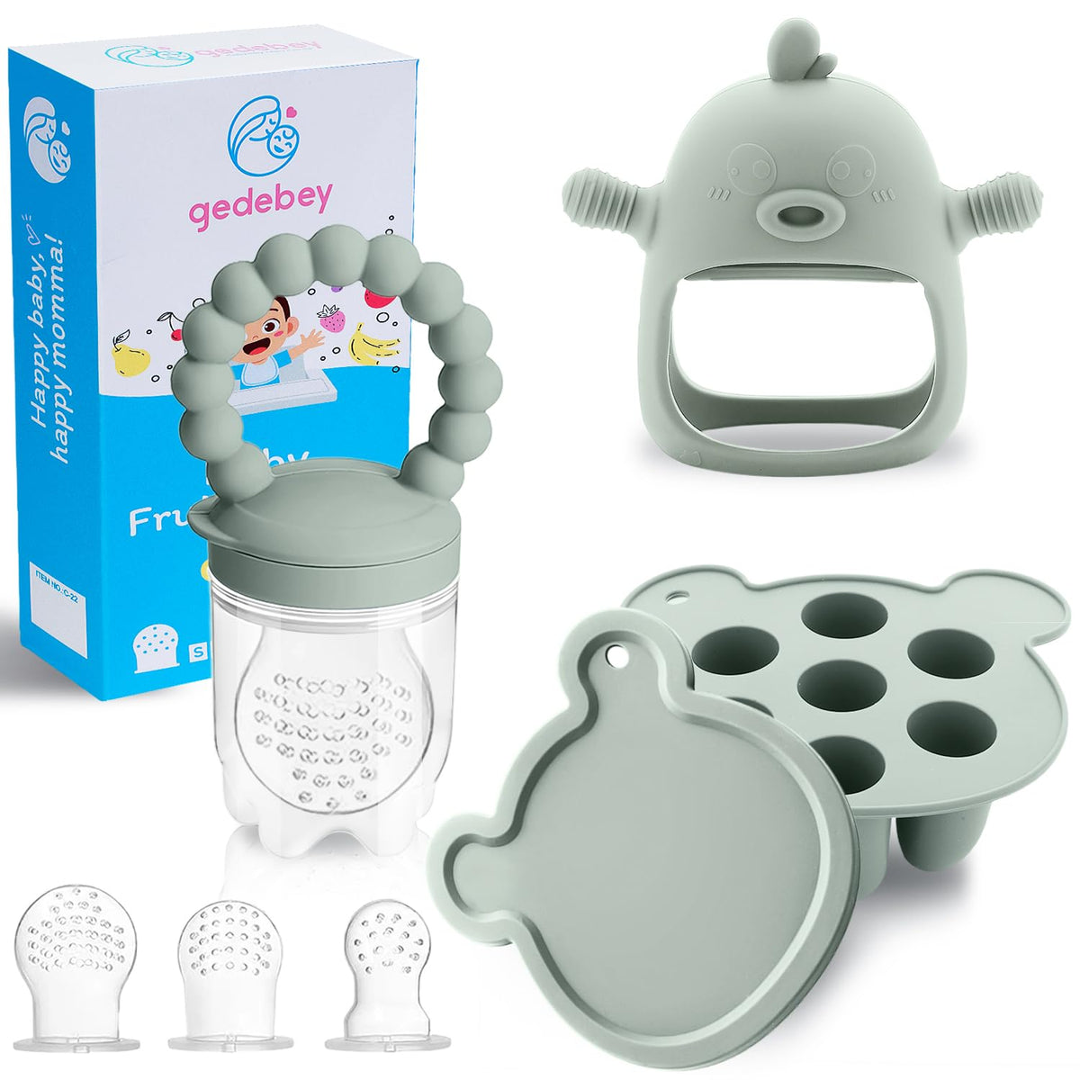 Gedebey baby fruit feeder shows a soft silicone pouch for gentle fruit feeding