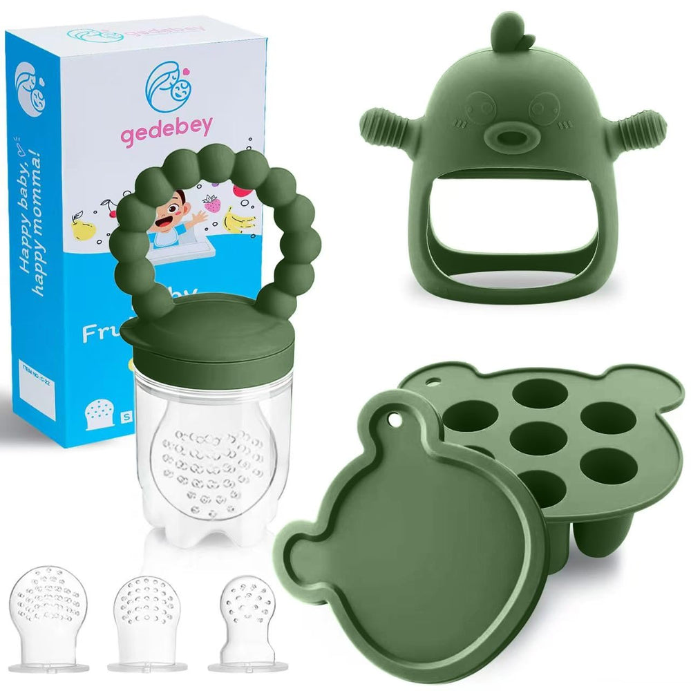 Gedebey olive-green baby feeder pouch for easy, mess-free teething snacks.
