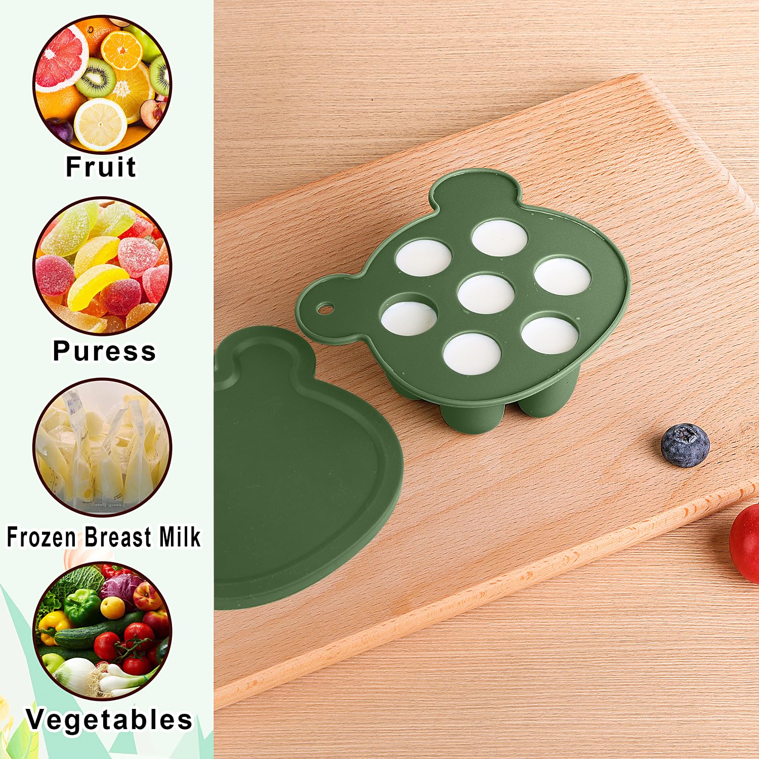 Gedebey olive-green infant feed mesh shows safe, bite-sized feeding options.