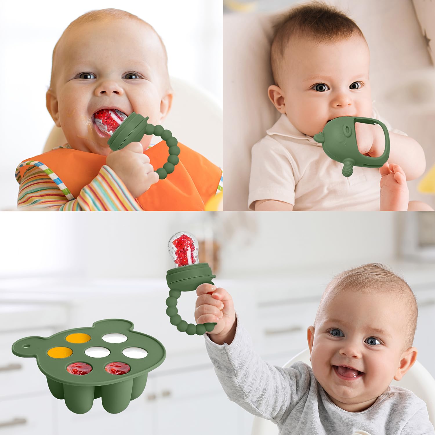 Gedebey olive-green silicone pacifier helps little hands explore and soothe.