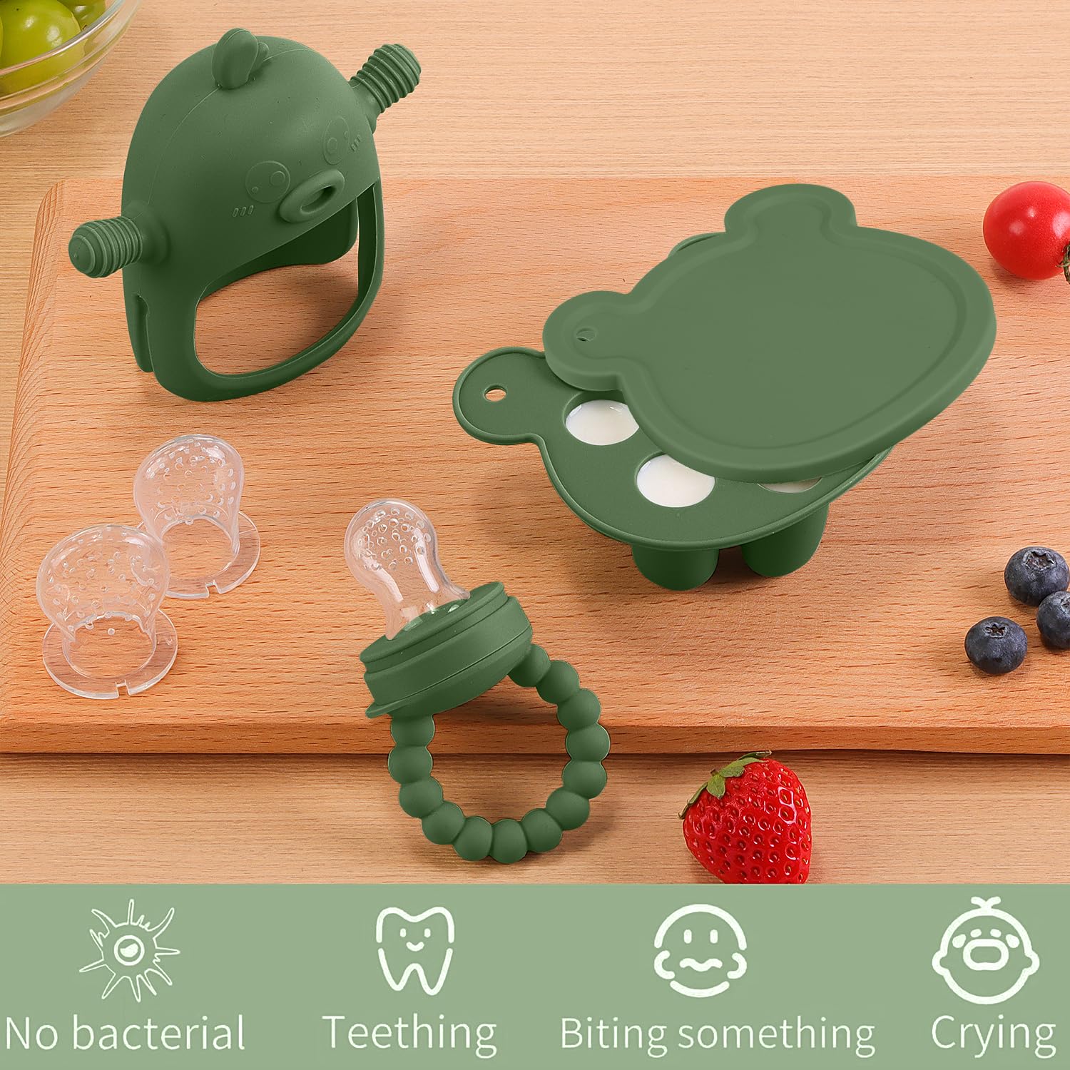 Gedebey olive-green teether with grasp-friendly stem for tiny hands.