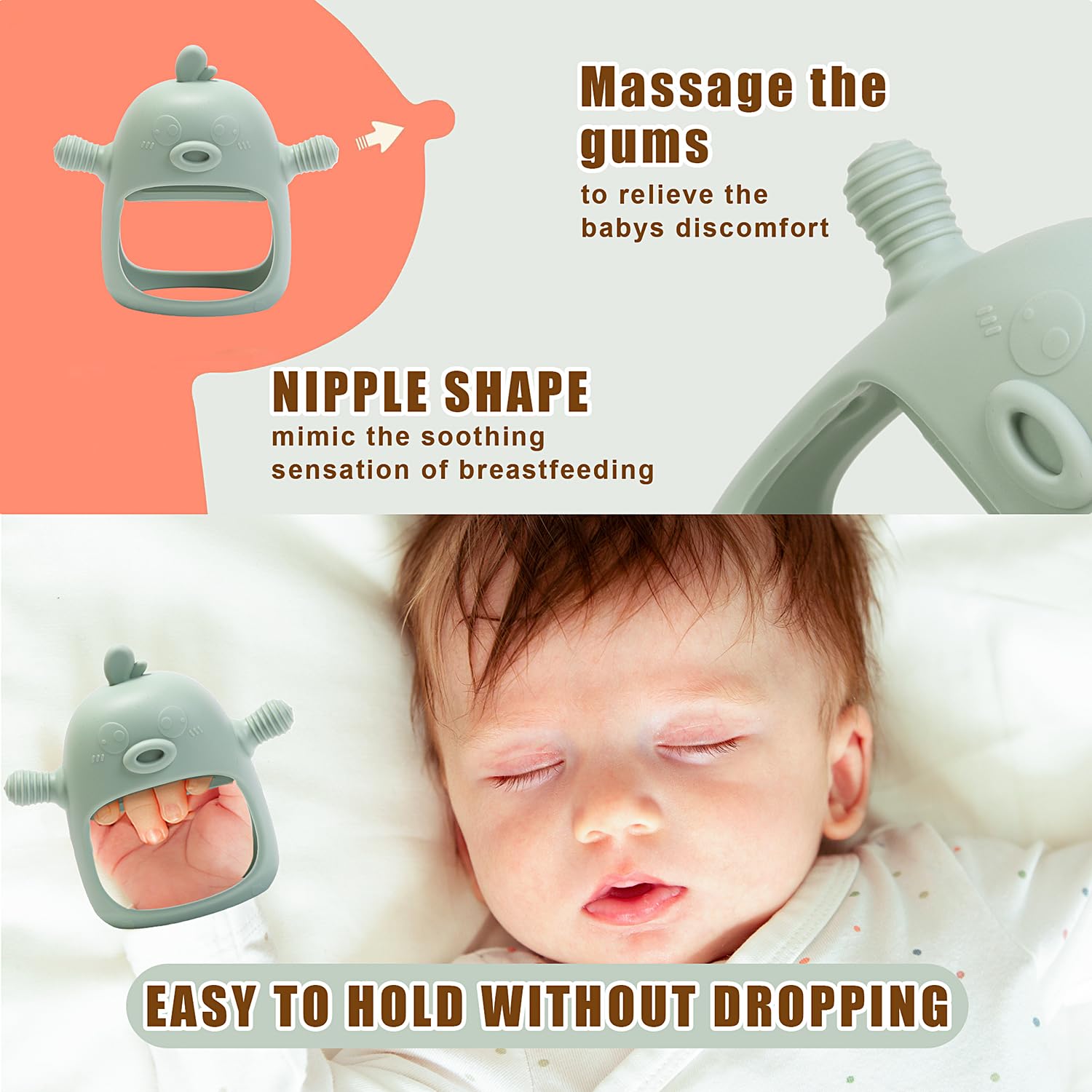 Gedebey teething relief set emphasizes soothing silicone relief and easy cleaning