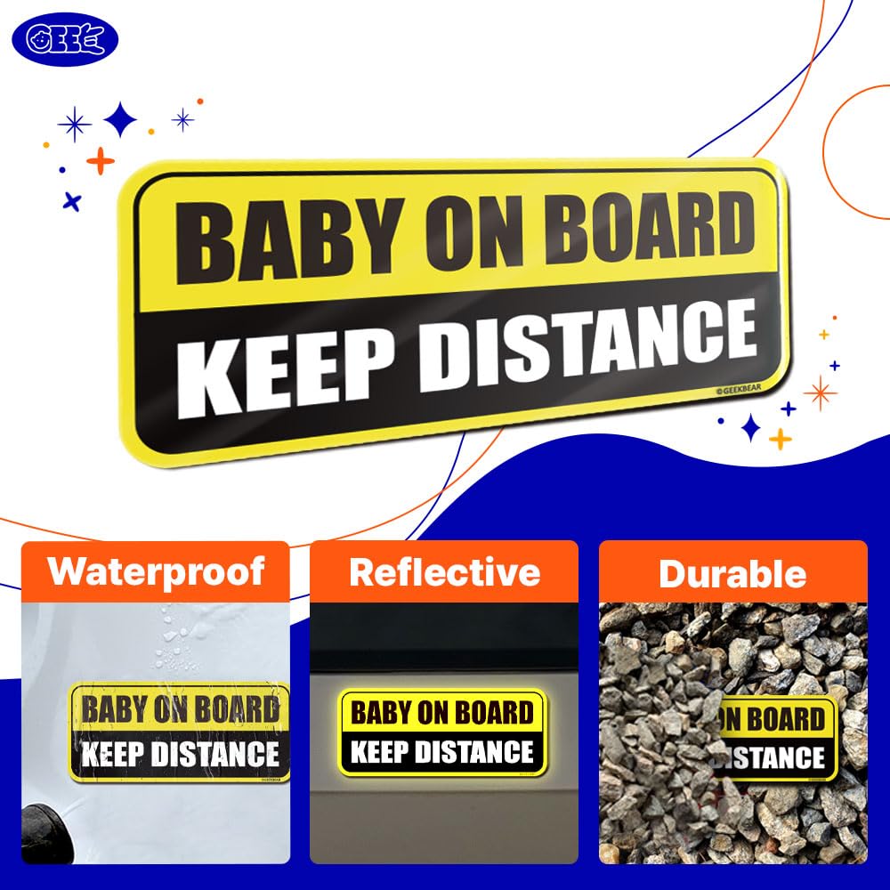 GEEKBEAR Baby on Board magnet shows size 8.7 by 3.5 inches for visibility