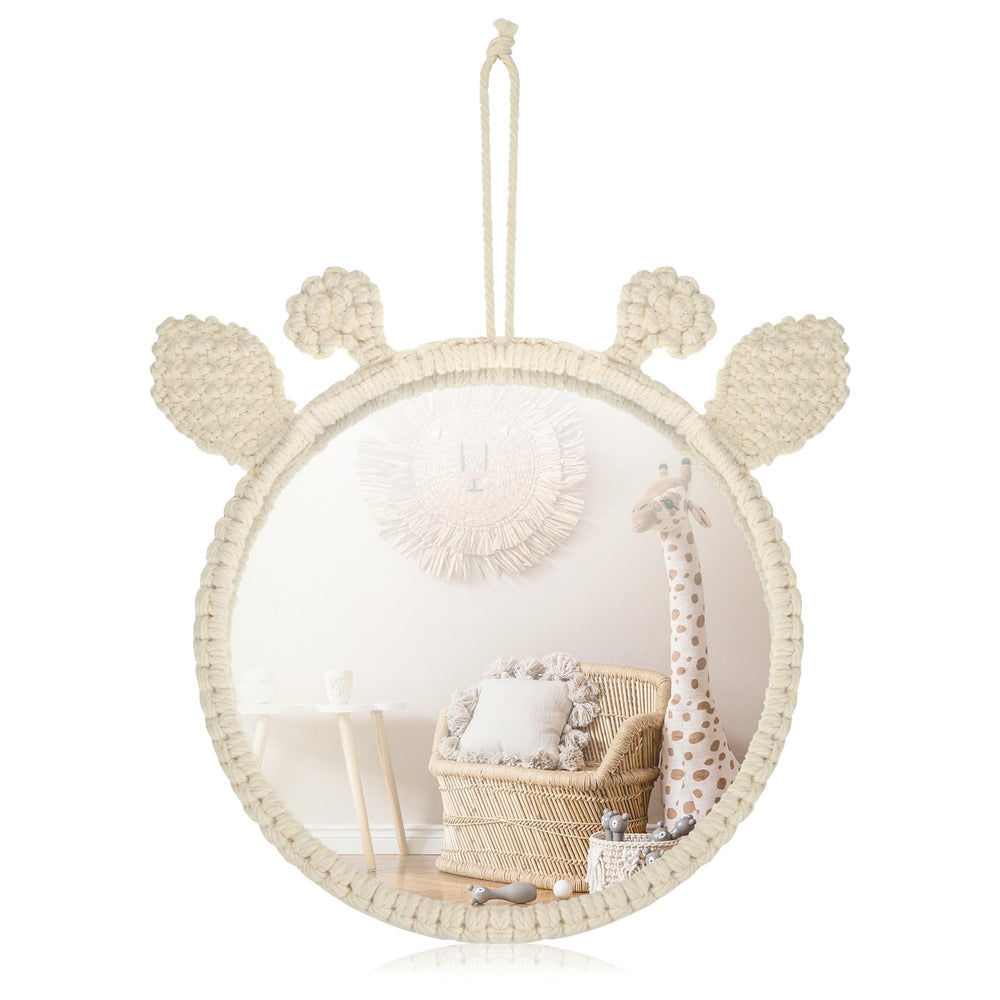 Geetery Boho Hanging Wall Mirror with giraffe ears adds rustic charm and depth to any space.