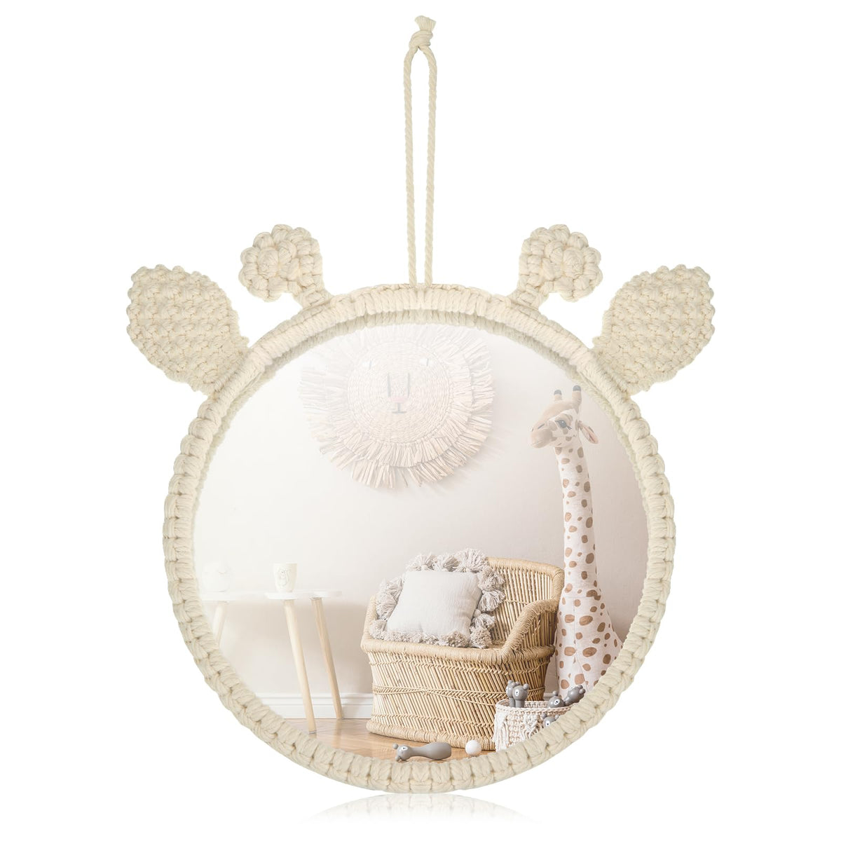 Geetery Boho Hanging Wall Mirror with giraffe ears adds rustic charm and depth to any space.