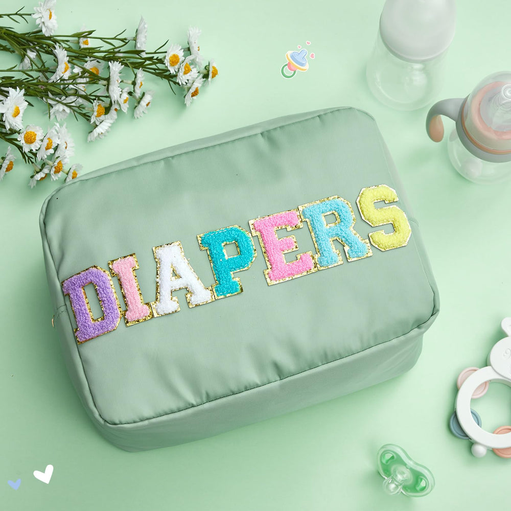 Geetery diaper caddy close-up shows durable chenille texture and glitter patch