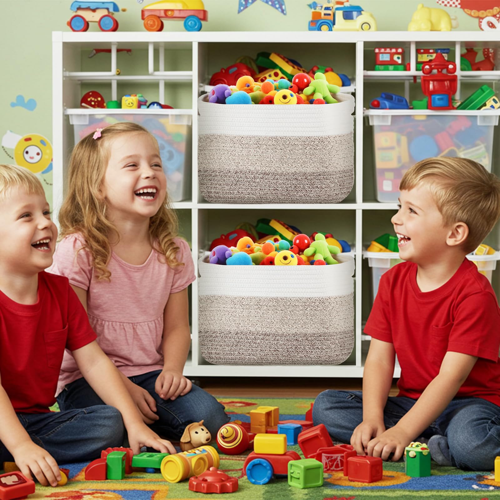 Geetery living-room setup with baskets for blankets and toys