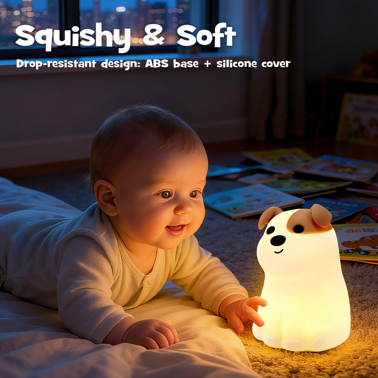 Gefaxi squishy puppy night light on bedside table with warm glow