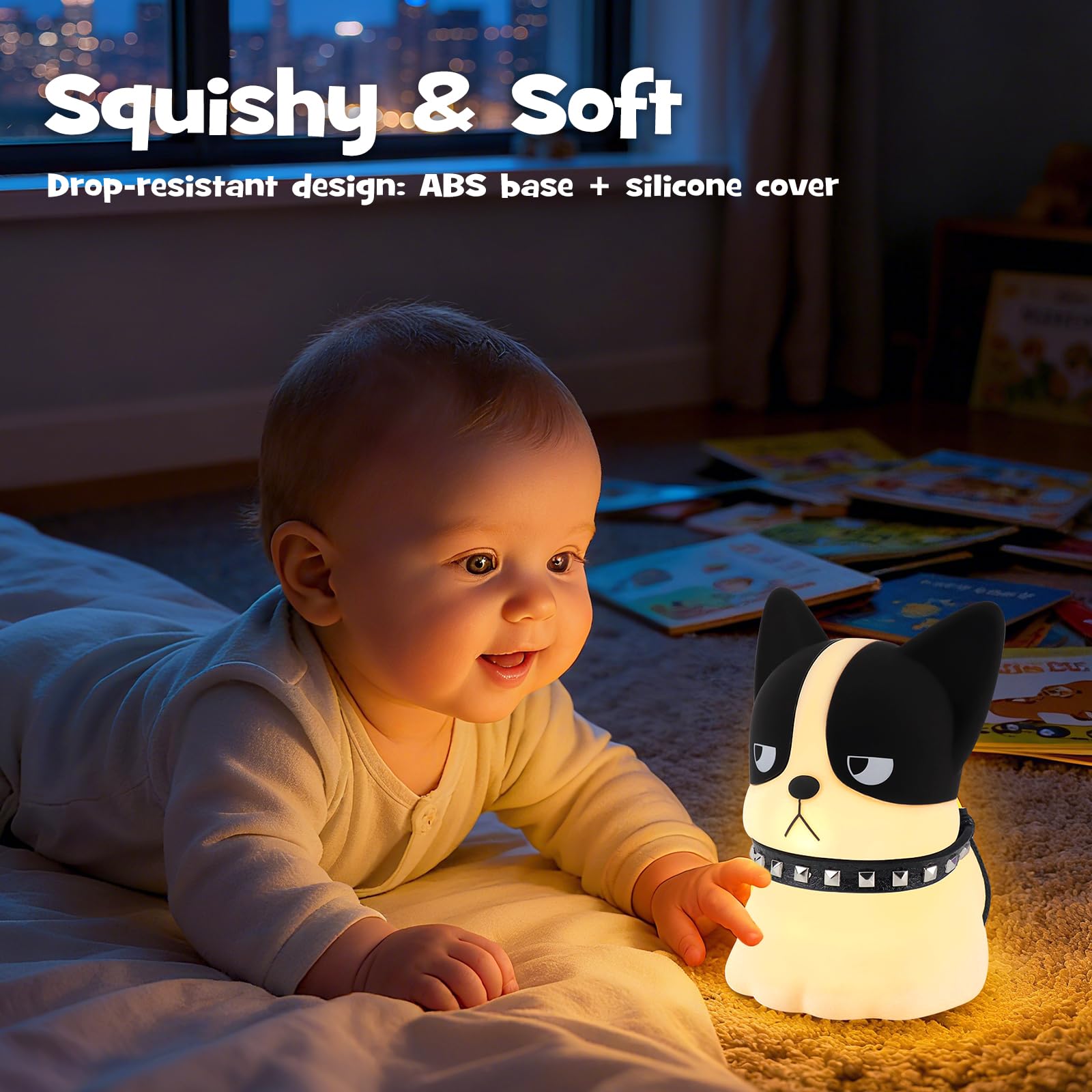 Gefaxi squishy puppy nightlight sits on a bedside table for late-night reading.
