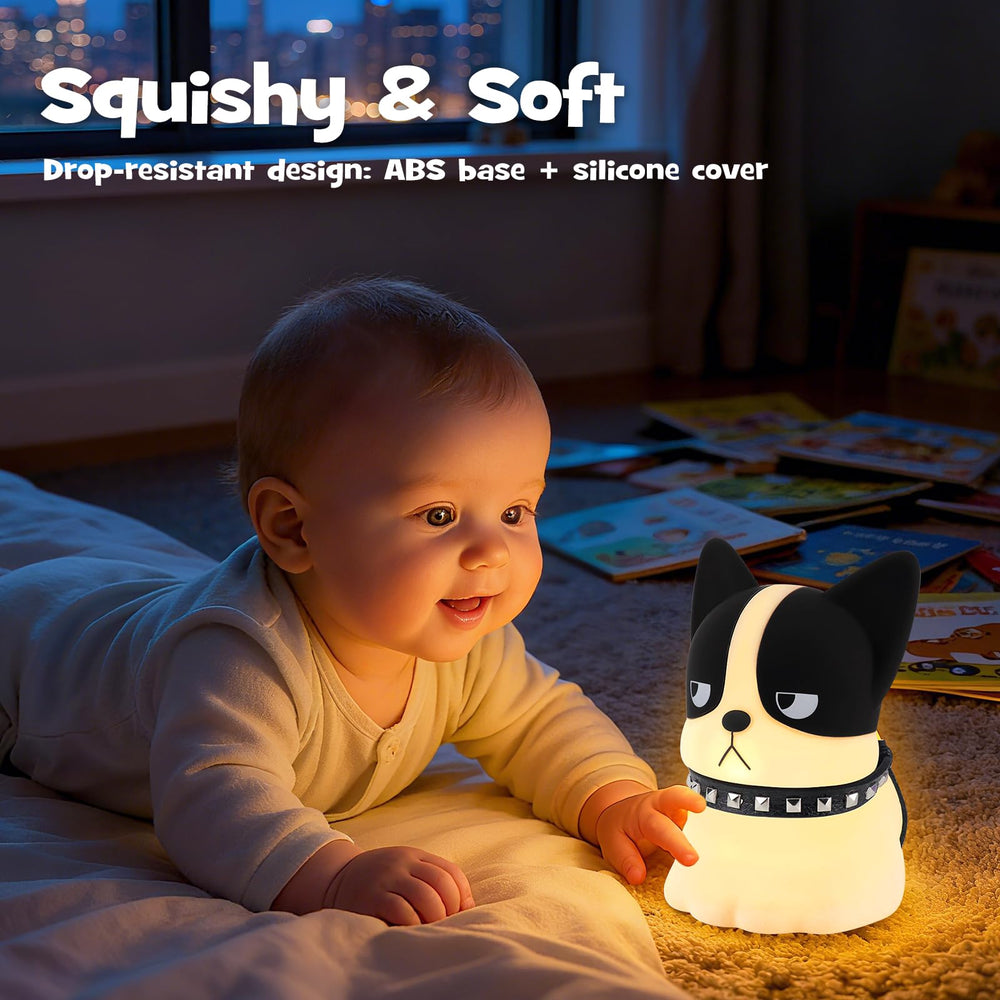 Gefaxi squishy puppy nightlight sits on a bedside table for late-night reading.
