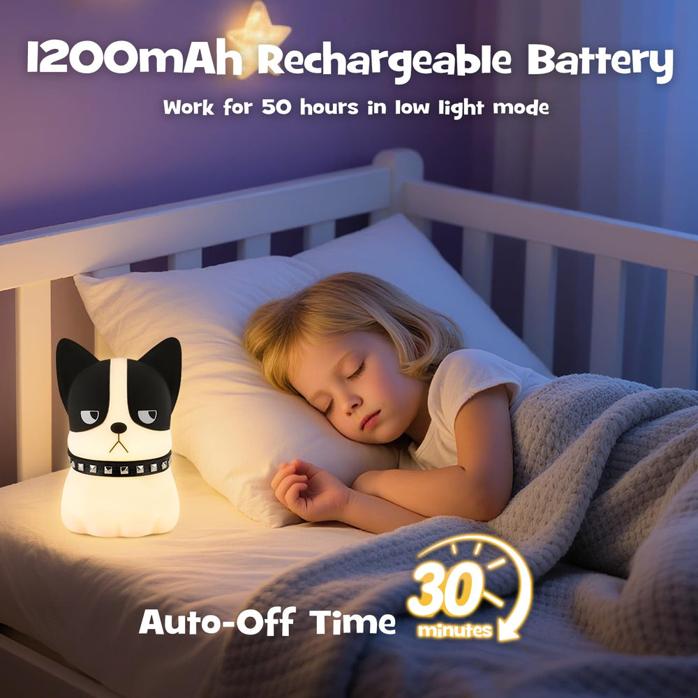 Gefaxi squishy puppy nightlight rechargeable battery powers up to 50 hours of soft glow.