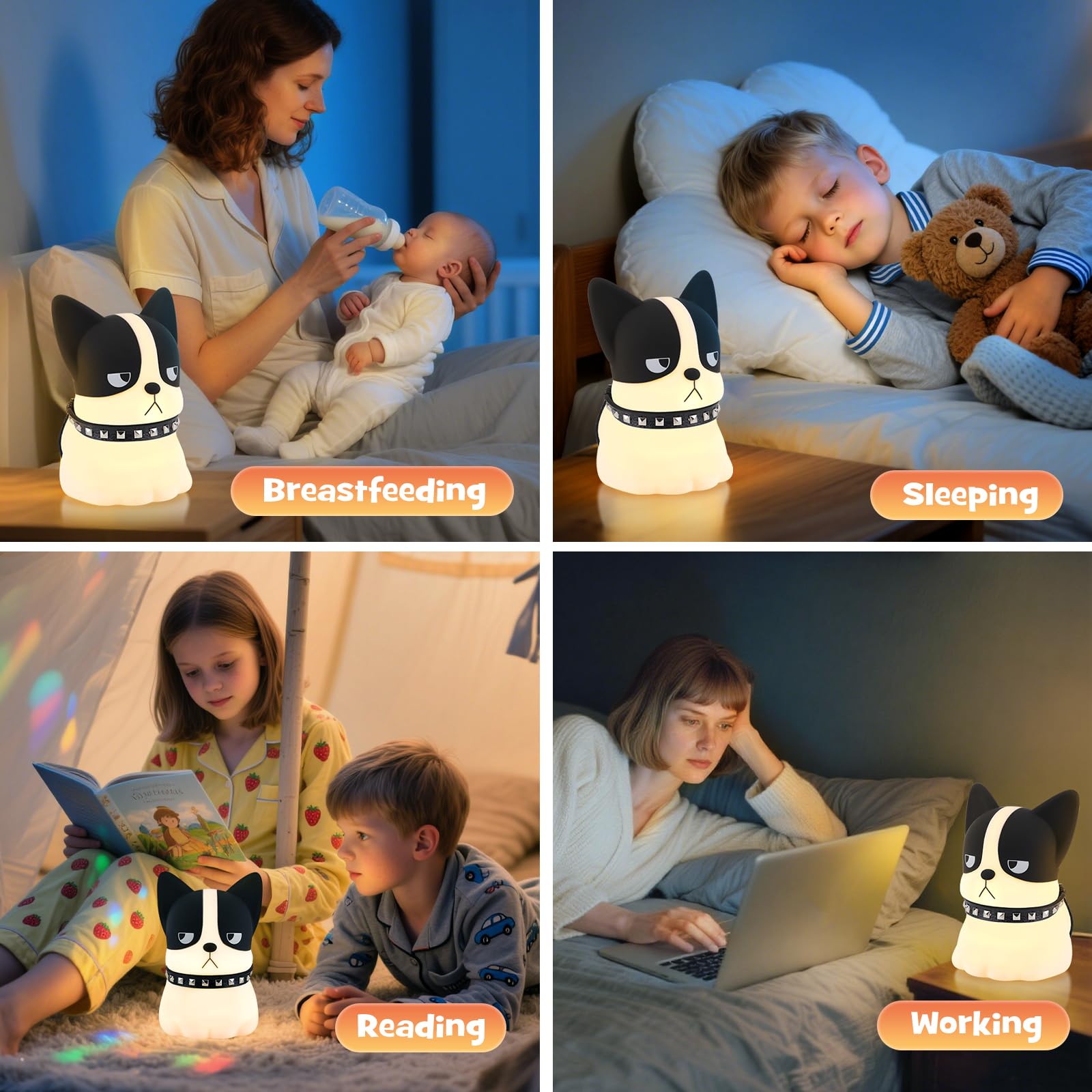 Gefaxi squishy puppy nightlight side view provides gentle mood lighting for study or reading.