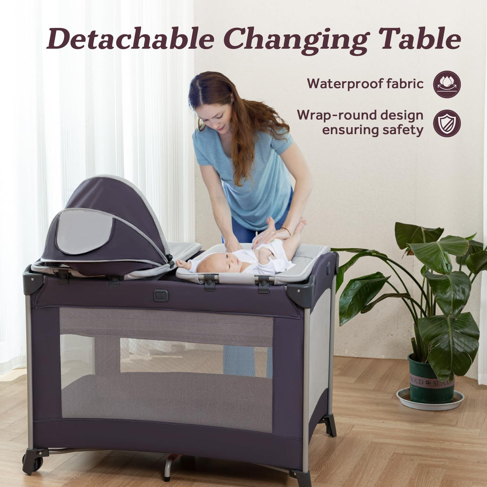 GEGOSEN portable baby playard changing table keeps diapering within reach during mini sessions.