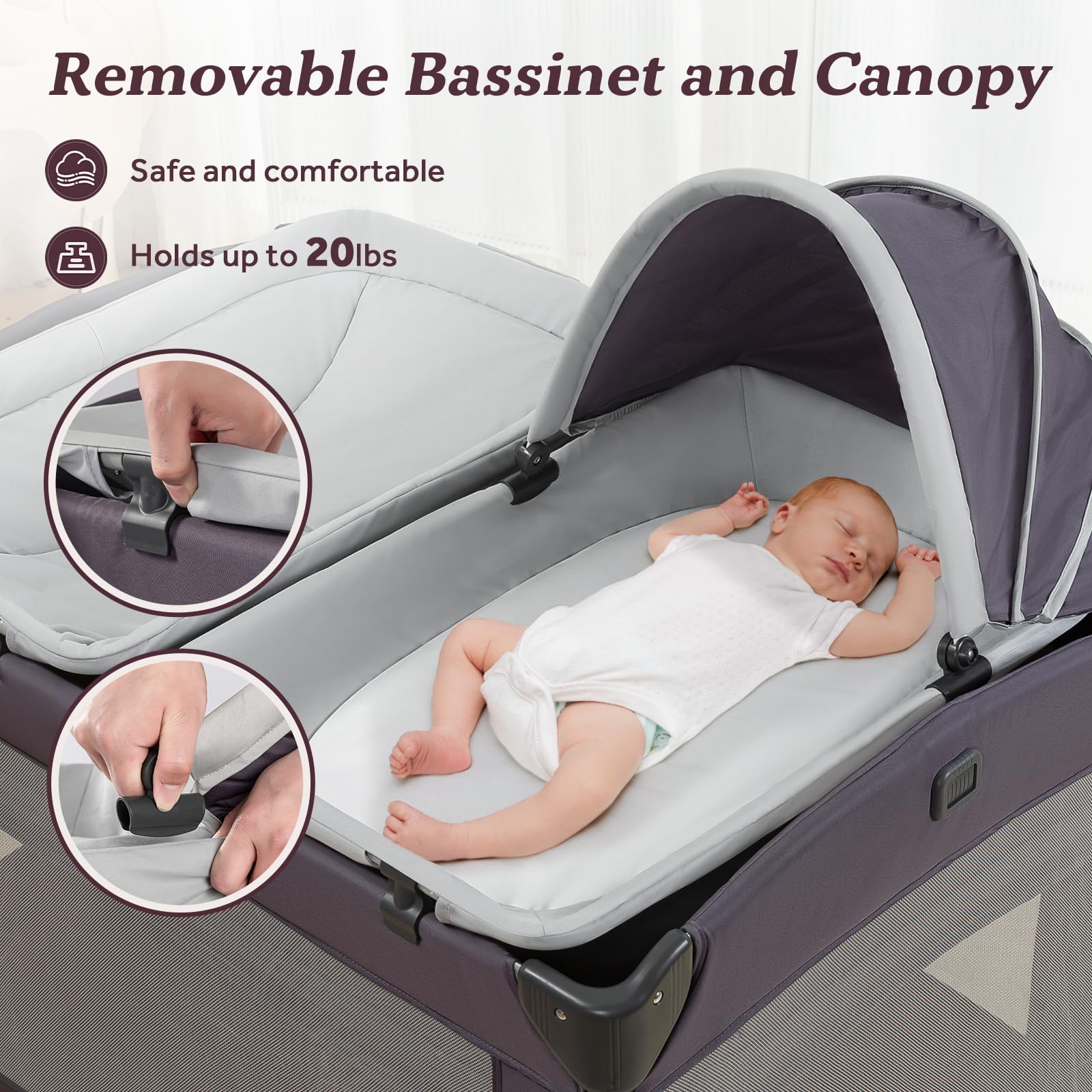 GEGOSEN portable baby playard removable bassinet provides newborn comfort close to caregivers.
