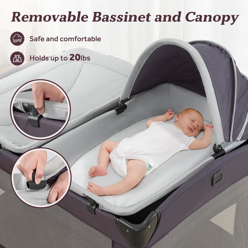 GEGOSEN portable baby playard removable bassinet provides newborn comfort close to caregivers.