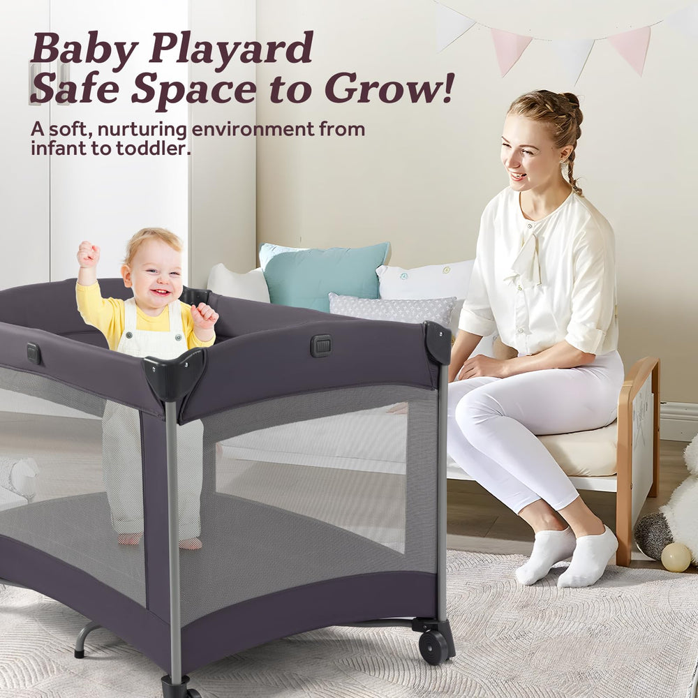 GEGOSEN portable baby playard wheels with brakes enable safe repositioning.