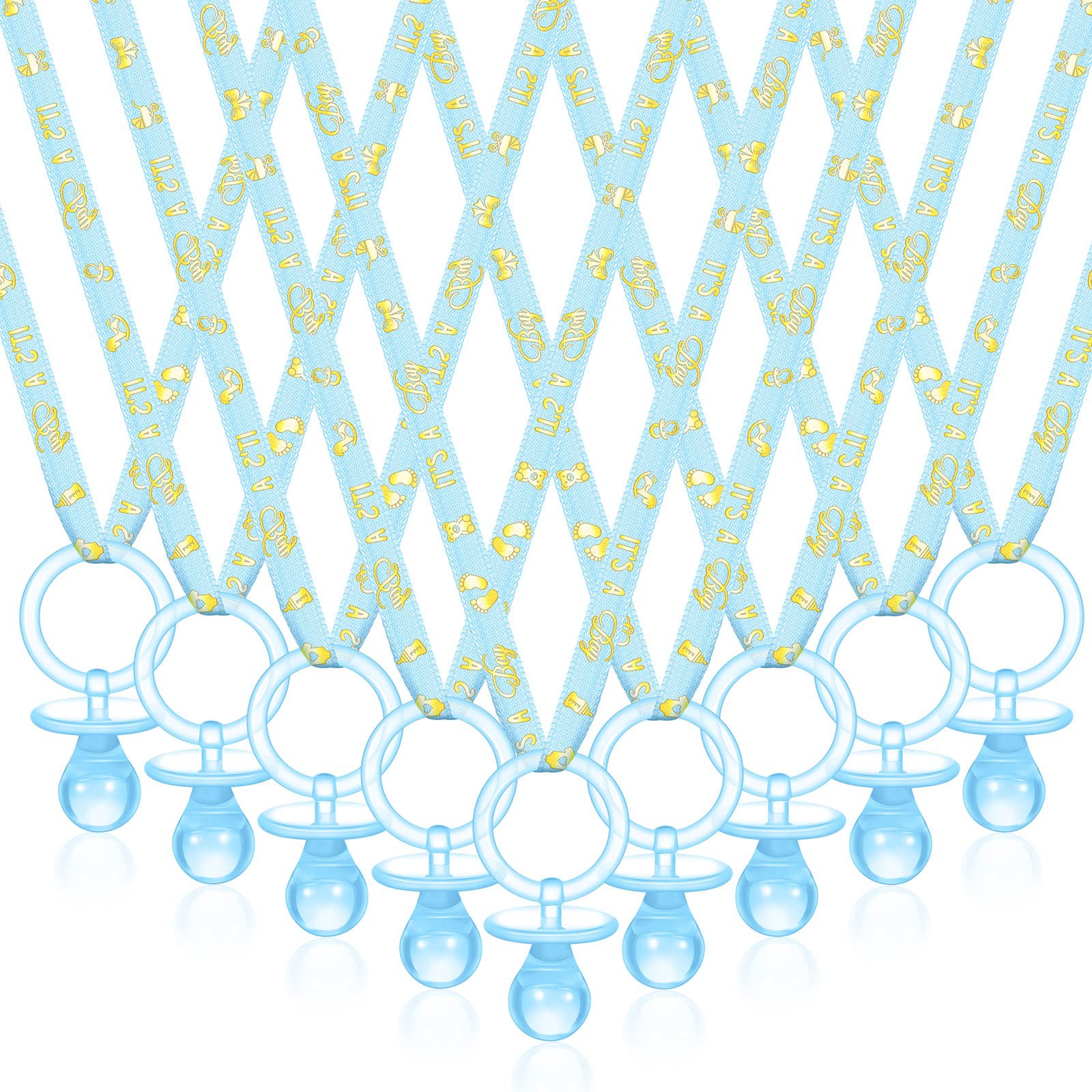 Geiserailie blue pacifier necklaces for baby shower table decor.