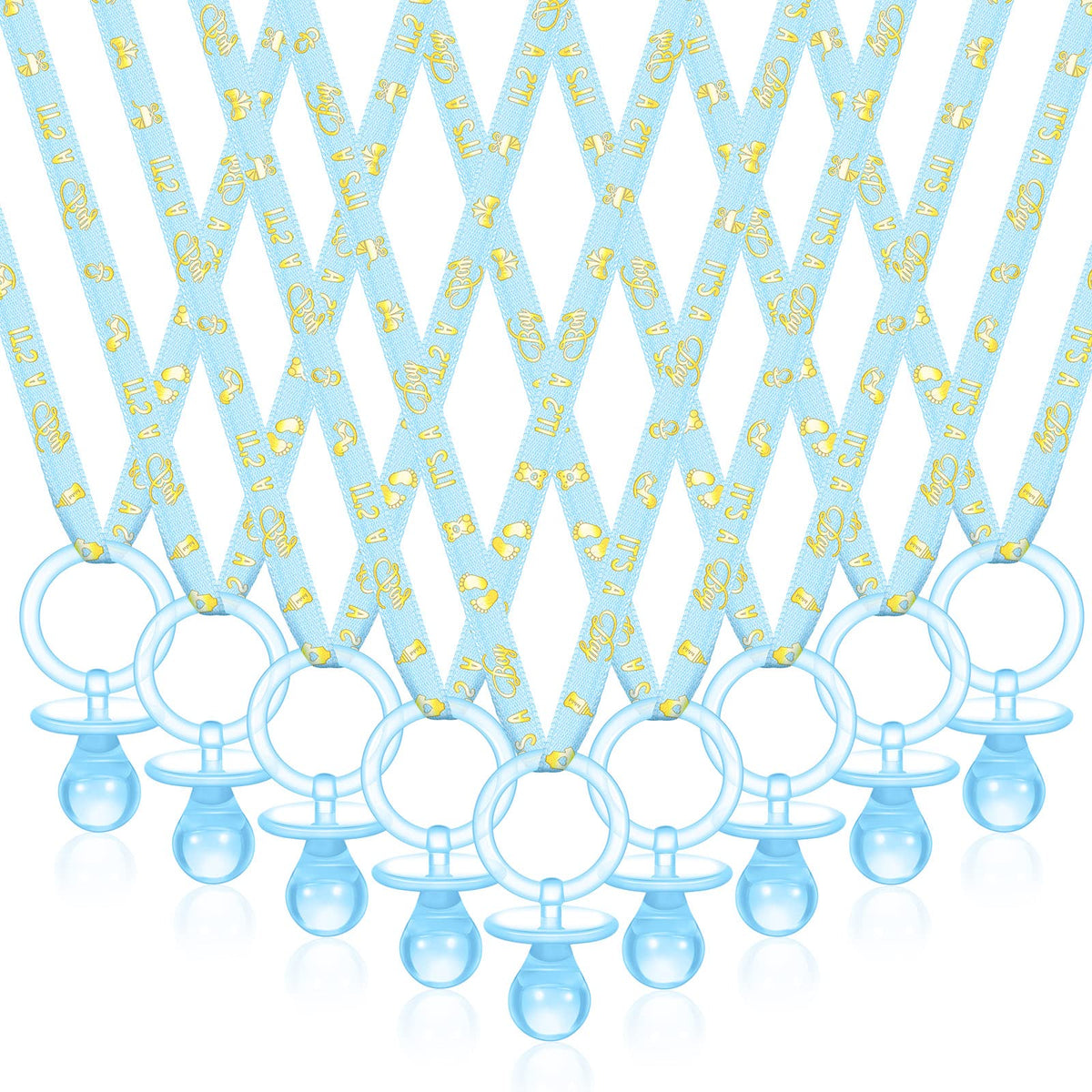 Geiserailie blue pacifier necklaces for baby shower table decor.