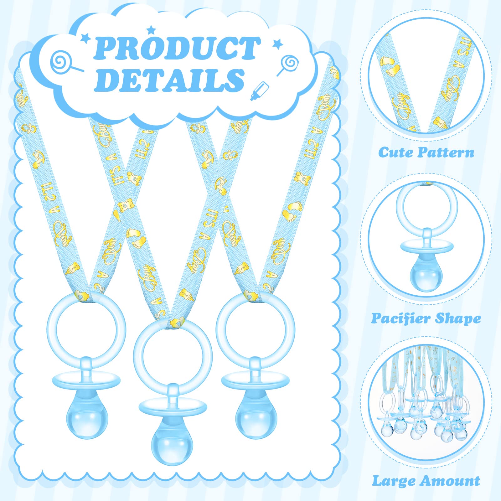 Geiserailie blue pacifier charm close-up on necklace highlighting glossy acrylic surface.