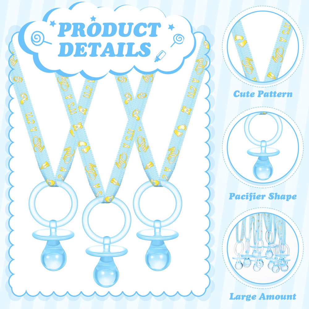 Geiserailie blue pacifier charm close-up on necklace highlighting glossy acrylic surface.