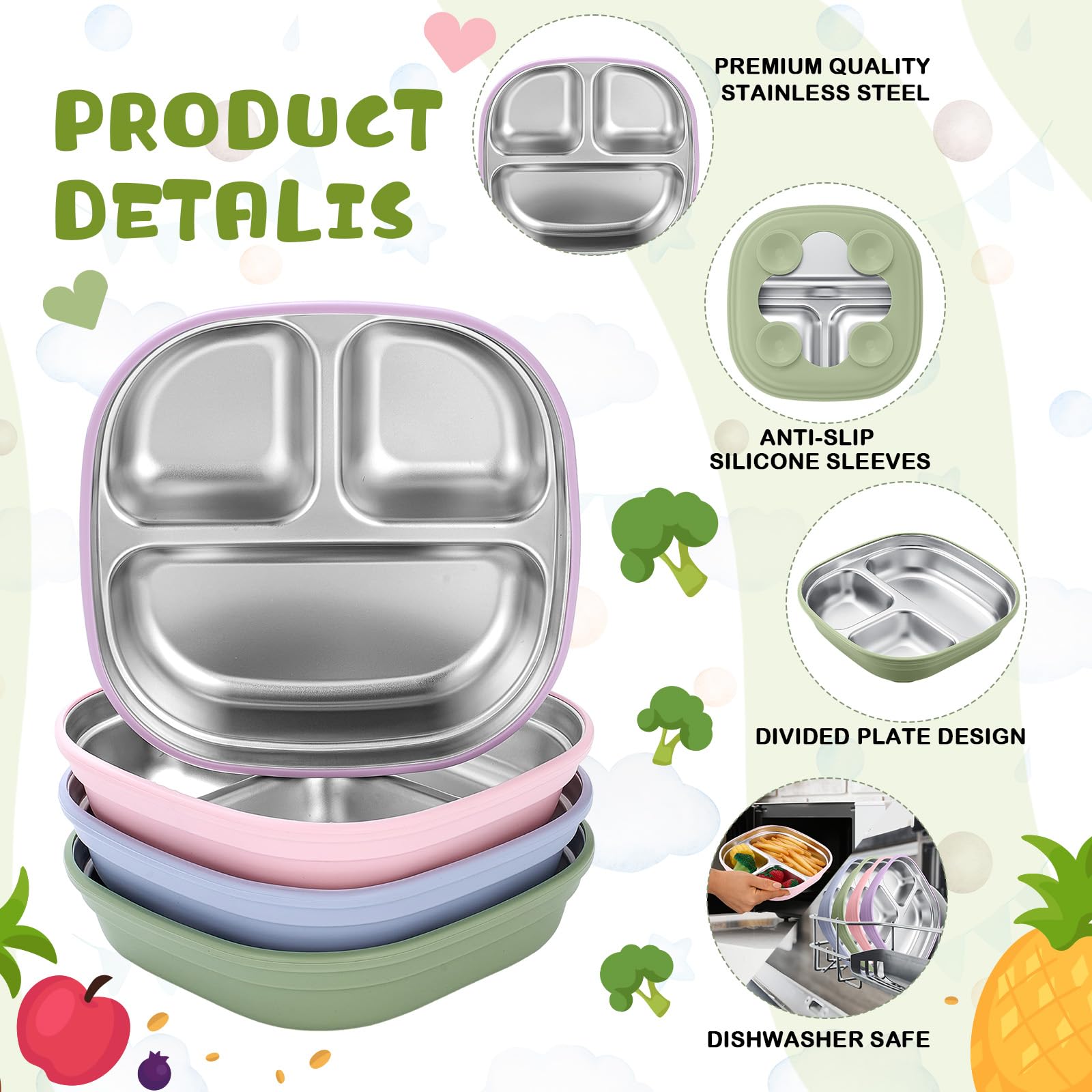Geiserailie square stainless steel toddler plate blue suction reduces spills