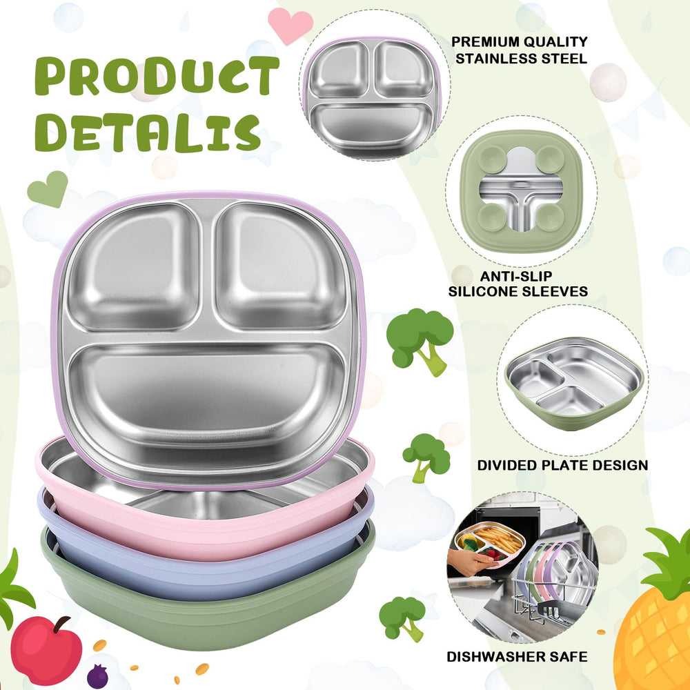 Geiserailie square stainless steel toddler plate blue suction reduces spills
