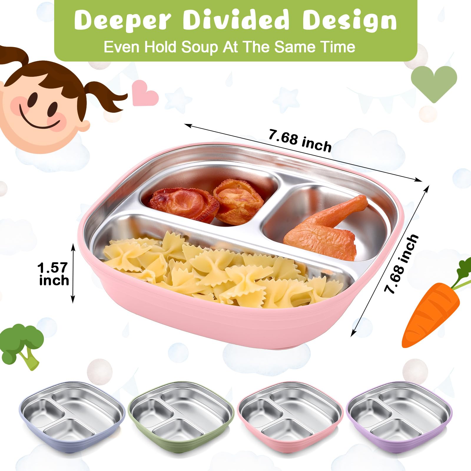 Geiserailie square stainless steel toddler plate green suction for stable meals
